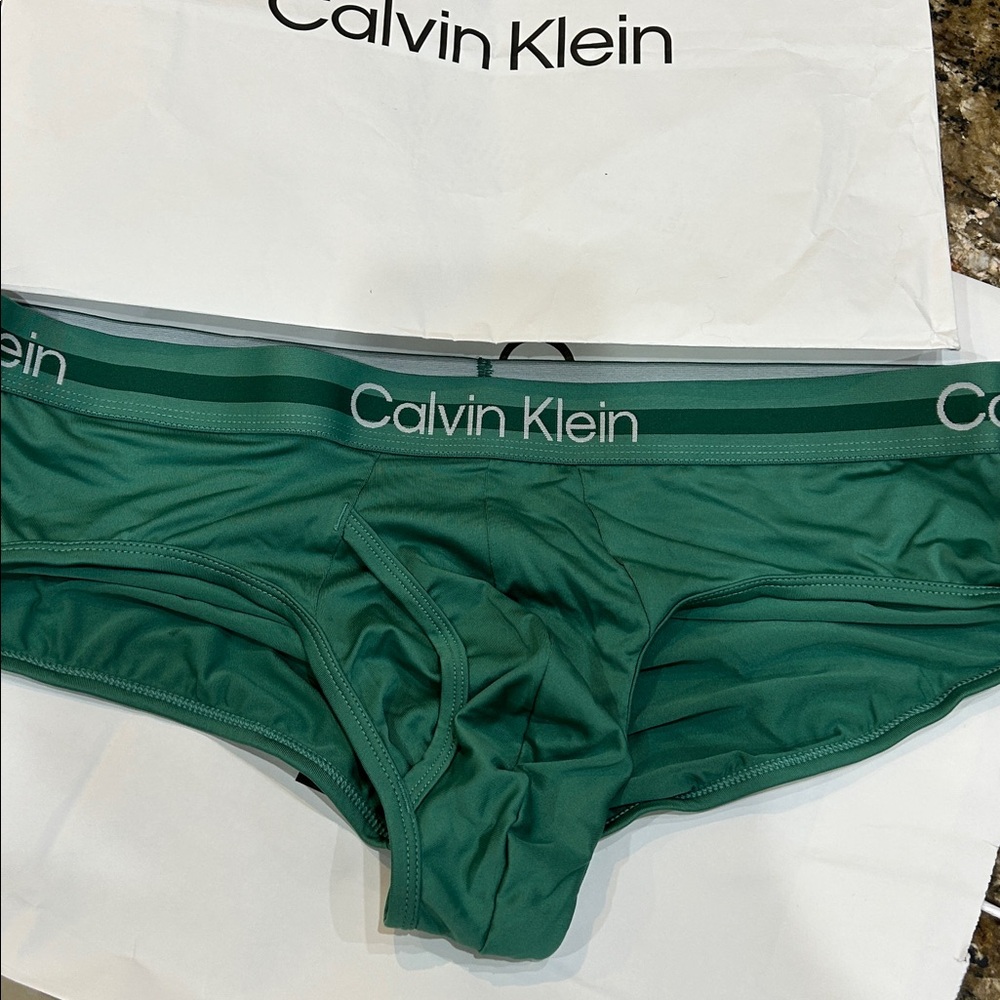 Calvin Klein refined Men Microfiber Stretch Hip Brief moss green color logo